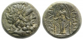 Phrygia, Apameia, c. 100-50 BC. Æ (19mm, 8.57g, 12h). Uncertain magistrate. Laureate head of Zeus r. R/ Cult statue of Artemis Anaïtis facing. Cf. SNG...