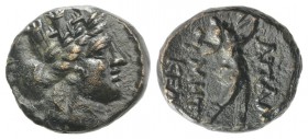 Phrygia, Apameia, c. 88-40 BC. Æ (15mm, 3.95g, 12h). Metro... and Klea..., magistrates. Turreted bust of Tyche r. R/ The satyr Marsyas r., blowing on ...