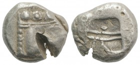 Lycia, Phaselis, c. 530-500 BC. AR Stater (20mm, 11.05g). Prow of galley r. R/ Rough quadripartite incuse square. Cf.SNG von Aulock 4392. Large test-c...