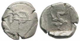 Pamphylia, Aspendos, c. 465-430 BC. AR Stater (24mm, 11.15g, 3h). Warrior advancing r., holding shield and spear. R/ Triskeles; below, lion standing l...