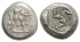 Pamphylia, Aspendos, c. 465-430 BC. AR Stater (18mm, 10.89g, 6h). Warrior advancing r., holding shield and spear; three ivy-leaves below. R/ Triskeles...