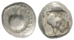 Pamphylia, Side, c. 460-430 BC. AR Stater (18mm, 10.88g, 6h). Pomegranate; dotted guilloche border. R/ Helmeted head of Athena r. within incuse square...