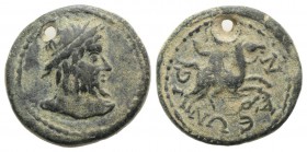 Pisidia, Isinda. Autonomous Issue. Severan Period or later. Æ (20mm, 5.30g, 12h). Diademed bust of Zeus r. R/ Male on horseback r., thrusting spear at...