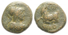 Cilicia, Aigeai. Pseudo-autonomous issue, time of Hadrian (117-138). Æ (13mm, 3.96g, 1h), year 175 (128/9). Helmeted head of Athena r. R/ Goat lying l...