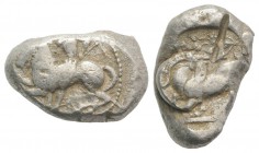Cilicia, Kelenderis, c. 430-420 BC. AR Stater (21mm, 10.93g, 9h). Nude youth, holding whip, dismounting from horse rearing l.; A below horse’s legs. R...