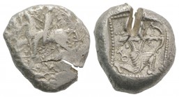 Cilicia, Tarsos, c. 425-400 BC. AR Stater (21mm, 10.63g, 7h). Satrap on horseback riding l. R/ Archer in kneeling-running stance r., drawing bow; mono...