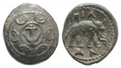 Seleukid Kings, Antiochos I (281-261 BC). Æ (12mm, 1.59g, 6h). Antioch on the Orontes. Macedonian shield with central anchor. R/ Forepart of horned el...