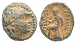 Seleukid Kings, Seleukos III (225/4-222 BC). Æ (13mm, 2.84g, 12h). Laureate head of Apollo r. R/ Apollo Delphios seated l.; monogram to outer l. SC 92...