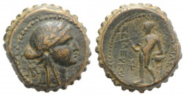 Seleukid Kings, Seleukos IV (187-175 BC). Serrate Æ (22mm, 10.30g, 1h). Antioch. Laureate head of Apollo r. R/ Apollo standing l., holding arrow, lean...