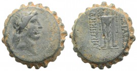 Seleukid Kings, Demetrios I (162-150 BC). Serrate Æ (25.5mm, 17.78g, 12h). Antioch on the Orontes. Laureate head of Apollo r., bow and quiver over sho...