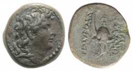 Seleukid Kings, Tryphon (c. 142-138 BC). Æ (16mm, 4.66g, 12h). Antioch on the Orontes. Diademed head r. R/ Spiked Macedonian helmet adorned with a wil...