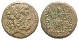 Seleukis and Pieria, Antioch, c. 38-35 BC. Æ Tetrachalkon (21mm, 8.90g, 1h), year 14 (36/5 BC). Laureate head of Zeus r. R/ Zeus Nikephoros seated l. ...