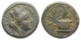 Seleukis and Pieria, Antioch. Pseudo-autonomous issue, time of Antoninus Pius (138-161). Æ (16mm, 3.99g, 12h). Turreted and veiled head of Tyche r. R/...