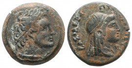 Ptolemaic Kings of Egypt, Ptolemy V (205-180 BC). Æ Obol (21.5mm, 8.16g, 10h). Kyrene. Diademed bust of Ptolemy I r., wearing aegis. R/ Draped bust of...