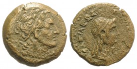 Ptolemaic Kings of Egypt, Ptolemy V (205-180 BC). Æ Obol (21mm, 6.40g, 12h). Kyrene. Diademed bust of Ptolemy I r., wearing aegis. R/ Draped bust of L...