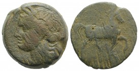 Carthage, c. 201-175 BC. Æ Trishekel (28mm, 18.83g, 12h). Wreathed head of Tanit l. R/ Horse advancing r. SNG Copenhagen 409-413. Good Fine