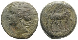 Carthage, c. 201-175 BC. Æ Trishekel (29mm, 21.28g, 12h). Wreathed head of Tanit l. R/ Horse advancing r.; pellet below. SNG Copenhagen 410. Die-scrat...