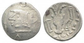 Arabia, Himyarites & Sabaeans. Saba’, 1st century AD. AR Unit (14mm, 1.80g, 11h). Head l. R/ Facing bucranium; pellet-within-crescent above, symbols f...