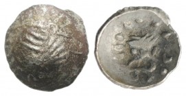 Arabia, Himyarites & Sabaeans. ‘Mdn Byn, Mid-late 1st century AD. AR Fraction (8mm, 0.38g, 9h). Raydan mint. Head r. within linear circle. R/ Small he...
