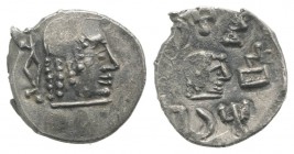 Arabia, Himyarites & Sabaeans. ‘Mdn Byn, Mid-late 1st century AD. AR Unit (12mm, 0.92g, 6h). Head r.; symbol behind. R/ Head r. SNG ANS -. VF