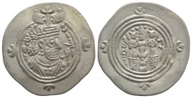 Sasanian Kings of Persia. Khusrau II (590-628). AR Drachm (31mm, 4.13g, 9h). GD (Gay/Javy), year 37 (626/7). Crowned bust r. R/ Fire altar flanked by ...
