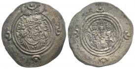 Sasanian Kings of Persia. Khusrau II (590-628). AR Drachm (33mm, 4.02g, 2h). WYHC (Weh-az-Amid-Kavād). Crowned bust r. R/ Fire altar flanked by attend...