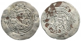 Sasanian Kings of Persia. Khusrau II (590-628). Plated Drachm (32mm, 2.68g, 3h). Crowned bust r. R/ Fire altar flanked by attendants. Göbl II/3. Possi...