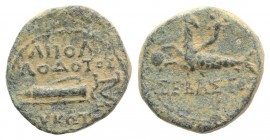 Augustus (27 BC-AD 14). Caria, Trapezopolis. Æ (13mm, 2.63g, 12h). Apollodotos Lykotou, magistrate. Capricorn l., with globus between hooves and cornu...
