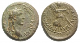 Gaius (Caligula, 37-41). Ionia, Smyrna. Æ (15mm, 3.10g, 12h). C. Calpurnius Aviola, proconsul. Menophanes, magistrate. Laureate head r. R/ Nike advanc...