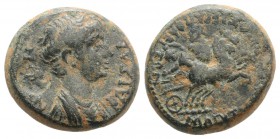 Nero (54-68). Phrygia, Hierapolis. Æ (18mm, 6.25g, 12h). Magutes, neoteros. Bareheaded and draped bust r.; c/m: radiate head r. within incuse circle. ...