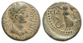 Nero (54-68). Pamphylia, Side. Æ (18mm, 4.62g, 12h), c. AD 55. Laureate and draped bust r. R/ Athena advancing l., holding spear and shield; [pomegran...