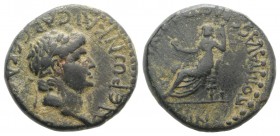 Nero with Poppaea (54-68). Lycaonia, Iconium. Æ (25mm, 11.29g, 6h). Laureate head of Nero r. R/ Poppaea seated l., holding poppy and sceptre. RPC I 35...