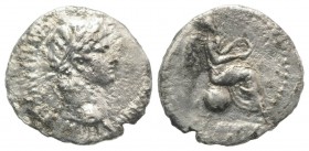 Nero (54-68). Cappadocia, Caesarea-Eusebia. AR Hemidrachm (14mm, 1.35g, 12h). Laureate head r. R/ Nike seated l. on globe, holding wreath. RPC I 3645;...