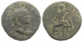 Titus (79-81). Phrygia, Prymnessus. Æ (20mm, 3.82g, 12h). Laureate head r. R/ Dikaiosyne seated l. on throne, holding scales, grains ears and poppy. R...