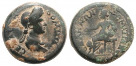 Domitia (Augusta, 82-96). Lydia, Sala. Æ (20mm, 6.81g, 6h). Draped bust r. R/ Cybele seated l. on throne, holding patera and resting elbow upon tympan...