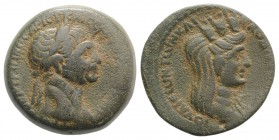 Trajan (98-117). Seleucis and Pieria, Laodicea ad Mare. Æ (26mm, 11.55g, 12h), year 162 ? (115/6). Laureate head of Trajan r. R/ Turreted, veiled and ...