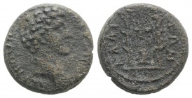 Marcus Aurelius (Caesar, 139-161). Aeolis, Elaea. Æ (17mm, 4.75g, 12h). Bare head r. R/ Lighted altar between two torches entwined by serpents. RPC IV...