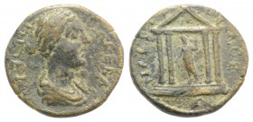 Faustina Junior (Augusta, 161-180). Lydia, Nacrasa. Æ (16mm, 2.64g, 6h). Draped bust r. R/ Tetrastyle temple enclosing Artemis standing l., drawing ar...