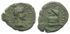 Septimius Severus (193-211). Moesia Inferior, Nicopolis ad Istrum. Æ (18mm, 3.81g, 6h). Laureate, draped and cuirassed bust r. R/ Cista mystica with r...