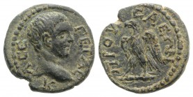 Geta (Caesar, 198-209). Bithynia, Prusa ad Olympum. Æ (16mm, 2.65g, 6h). K Λ CE ΓETAC, Bare head r. R/ ΠPOYCAEΩN, Eagle standing l. on thunderbolt. RG...