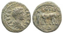 Geta (Caesar, 198-209). Mysia, Parium. Æ (14mm, 1.91g, 12h). Bareheaded, draped and cuirassed bust r. R/ Man plowing r. with two oxen. SNG Copenhagen ...