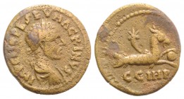 Macrinus (217-218). Mysia, Parium. Æ (23mm, 5.65g, 1h). Laureate, draped and cuirassed bust r. R/ Capricorn r., with globe between hooves and cornucop...