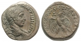 Elagabalus (218-222). Antioch. BI Tetradrachm (25mm, 13.02g, 12h). Laureate head r. R/ Eagle standing l., head r., holding wreath in beak; Δ-Є flankin...