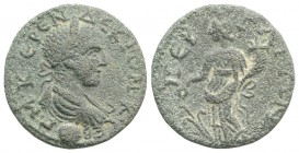 Herennius Etruscus (Caesar, 249-251). Pamphylia, Perge. Æ (22mm, 5.72g, 12h). Laureate, draped and cuirassed bust r.; globe below. R/ Tyche standing l...