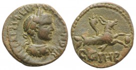 Valerian II (Caesar, 256-258). Mysia, Parium. Æ (22mm, 6.12g, 1h). Laureate, draped and cuirassed bust r. R/ Capricorn r., with globe between hooves a...