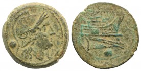 Anonymous, Rome, c. 215-212 BC. Æ Uncia (22mm, 7.65g, 3h). Helmeted head of Roma r. R/ Prow of galley r. Crawford 41/10; RBW 135. Green patina, VF