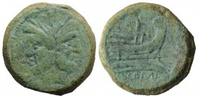 Anonymous, Rome, after 211 BC. Æ As (34mm, 35.63g, 3h). Laureate head of Janus. R/ Prow of galley r. Crawford 56/2; RBW 200-2. Green patina, Good Fine...