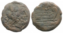Anonymous, Rome, after 211 BC. Æ Semis (23mm, 8.54g, 3h). Laureate head of Saturn r. R/ Prow of galley r. Crawford 56/3; RBW 203-4. Near VF