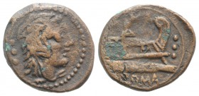 Victory and LFP series(?), Rome, 189-180 BC. Æ Quadrans (20mm, 4.50g, 5h). Victory and LFP series. Head of Hercules r., wearing lion’s skin headdress....