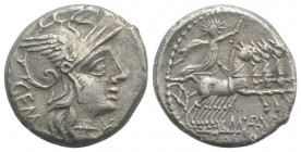 M. Aburius M.f. Geminus, Rome, 132 BC. AR Denarius (17mm, 3.79g, 6h). Helmeted head of Roma r., mark of value below chin. R/ Sol driving quadriga r., ...